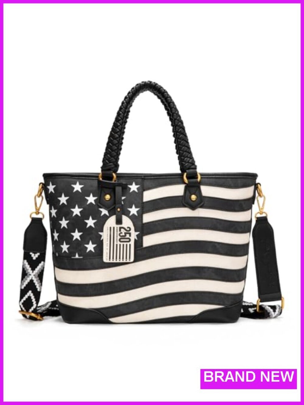 Vintage Patriotic Western Tote Bag with Braided Top Handles and Detachable